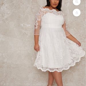 Chi Chi London Plus Size Bridal Lace Long Sleeve Midi Dress in White